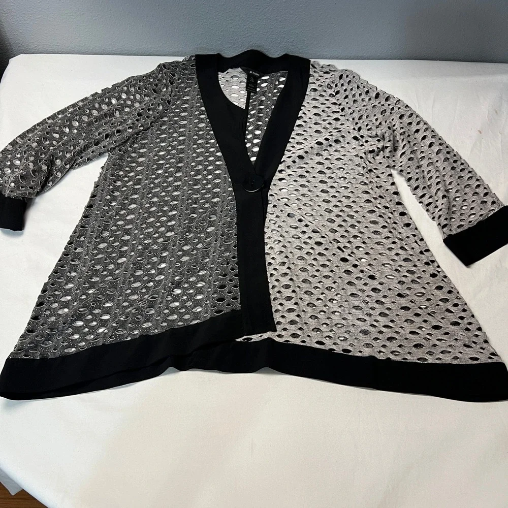 Ali Miles Gray‎ Black Mesh Knit Cardigan XL Open Drape Asymmetrical Button Front